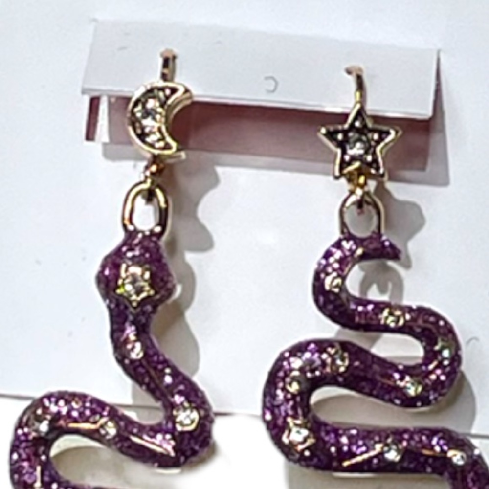 Betsey Johnson Celestial Snake Dangle Earrings Purple Gold Tone - Picture 2 of 4